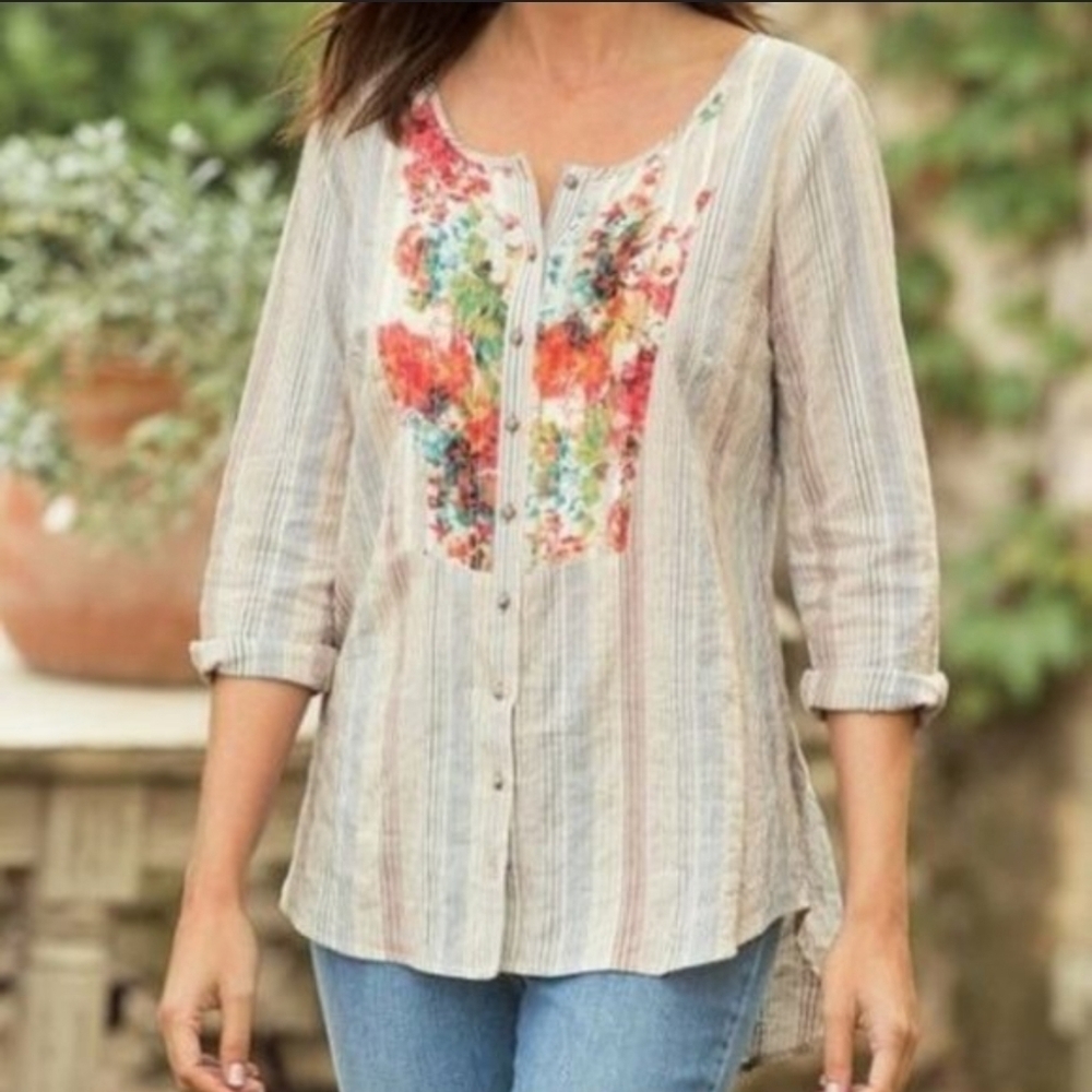 Soft Surroundings Women Tunic Top Sz L Tan Striped Floral Long Sleeve Boho